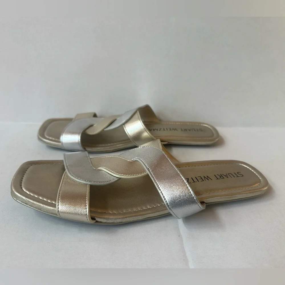 Stuart Weitzman “Ibiza” Silver/Gold Open Square Toe Slide Sandals Size 11 EUC!